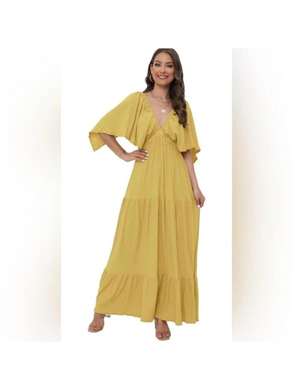 NWT SUNNOW V-Neck Tiered Ruffle Sleeve Flowy Maxi Boho Beach Dress, Medium